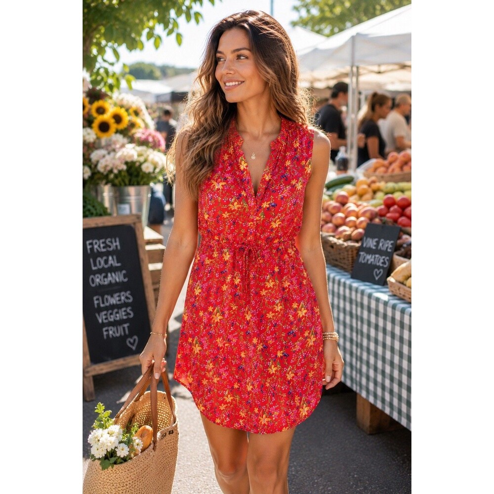 Gap Floral Dress Red Sleeveless Split Neck Drawstring Summer Mini Womens XL‎